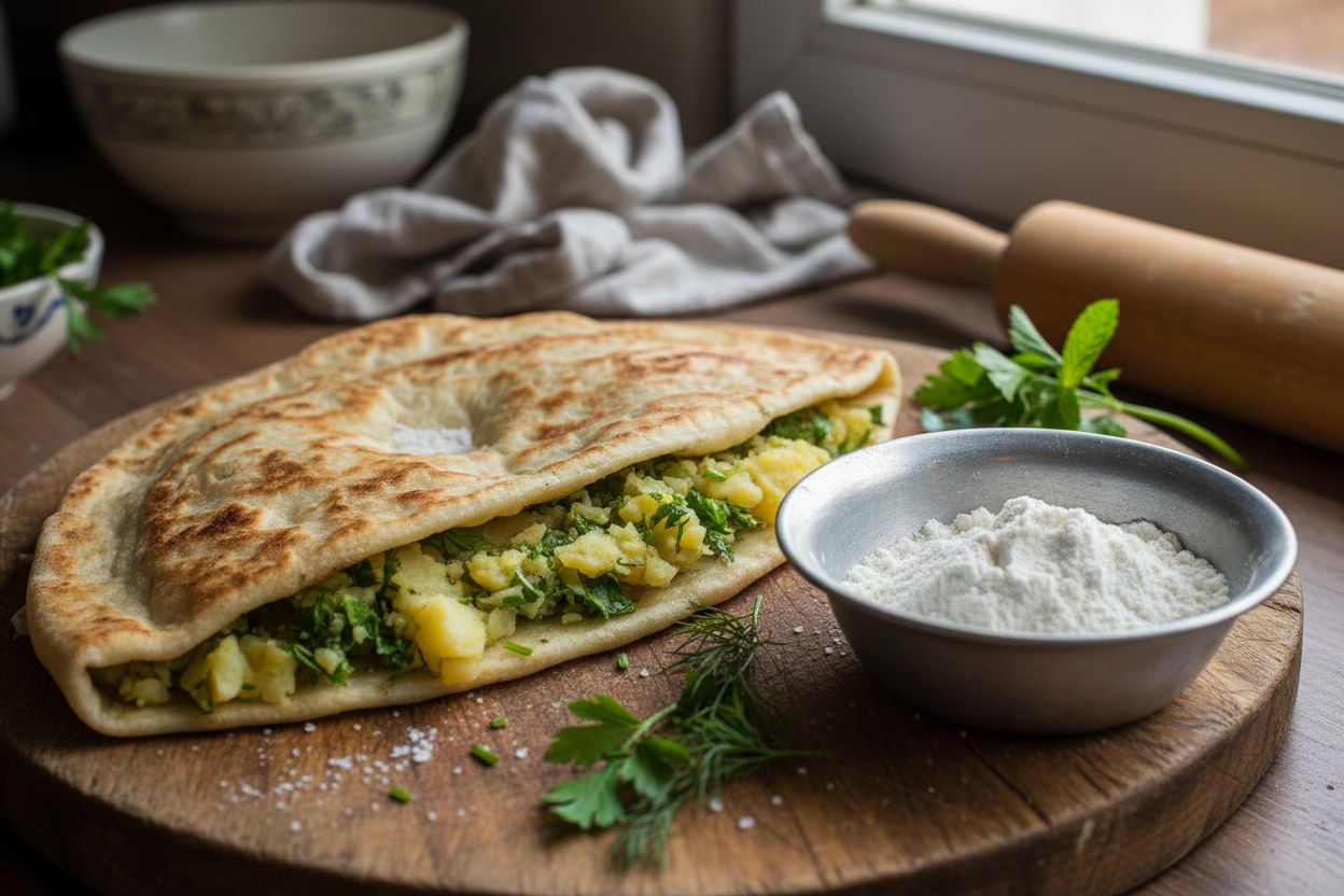 Gözleme turque aux pommes de terre et herbes terminé