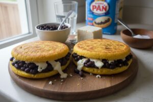 Arepas vénézuéliennes garnies aux haricots noirs et fromage