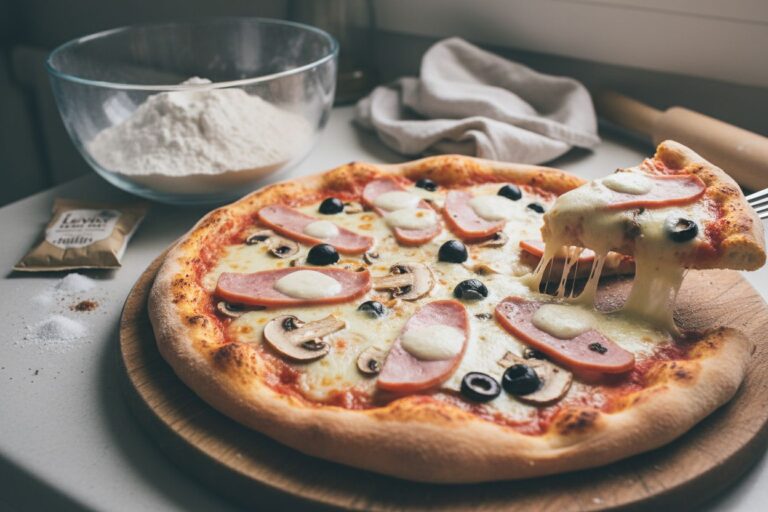 Pizza reine végétarienne au jambon végétal prêt à servir