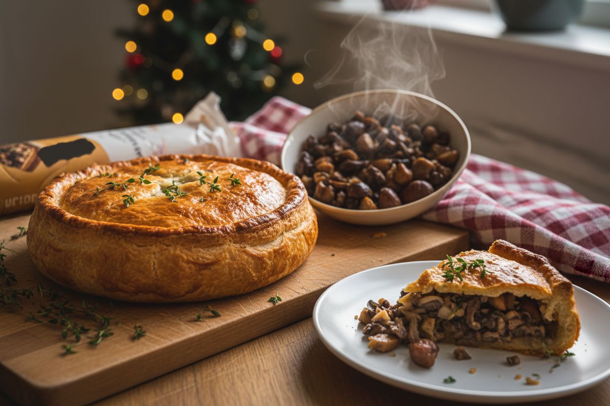 Tourte de Noël aux champignons et marrons prêt à servir