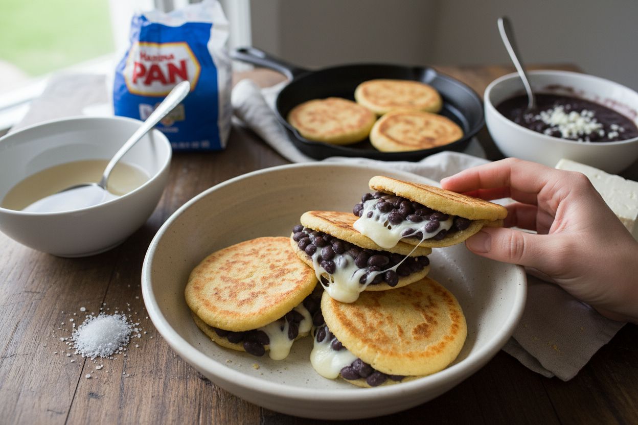 Arepas vénézuéliennes garnies aux haricots noirs et fromage