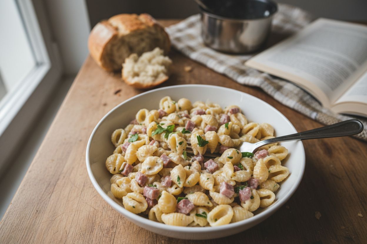 Photo de la recette : coquillettes au jambon végétal