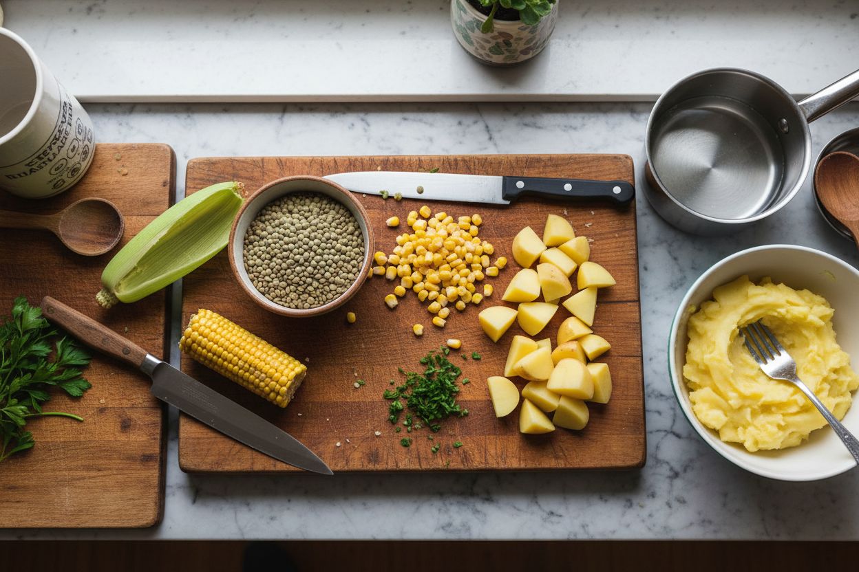 Préparation de la recette : pâté chinois végétarien aux lentilles maïs et purée