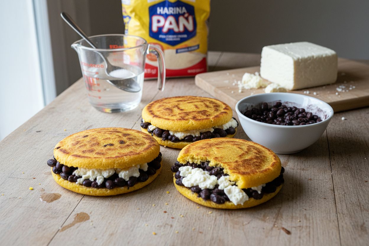 Arepas vénézuéliennes garnies aux haricots noirs et fromage terminé