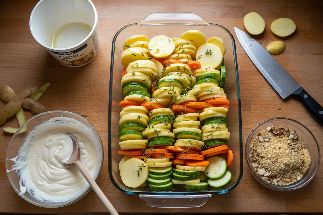 Préparation de la recette : gratin de légumes sans fromage