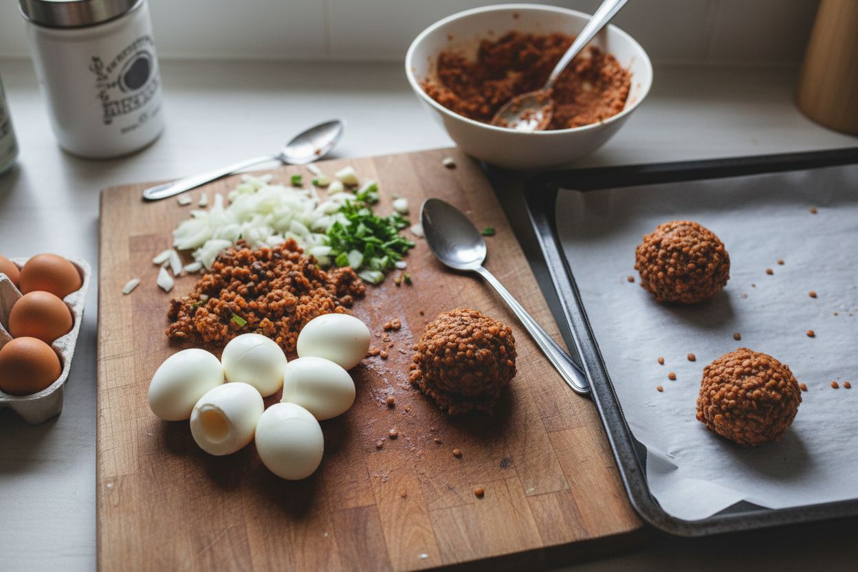 Préparation de la recette : œuf enrobé de chair végétale façon scotch eggs