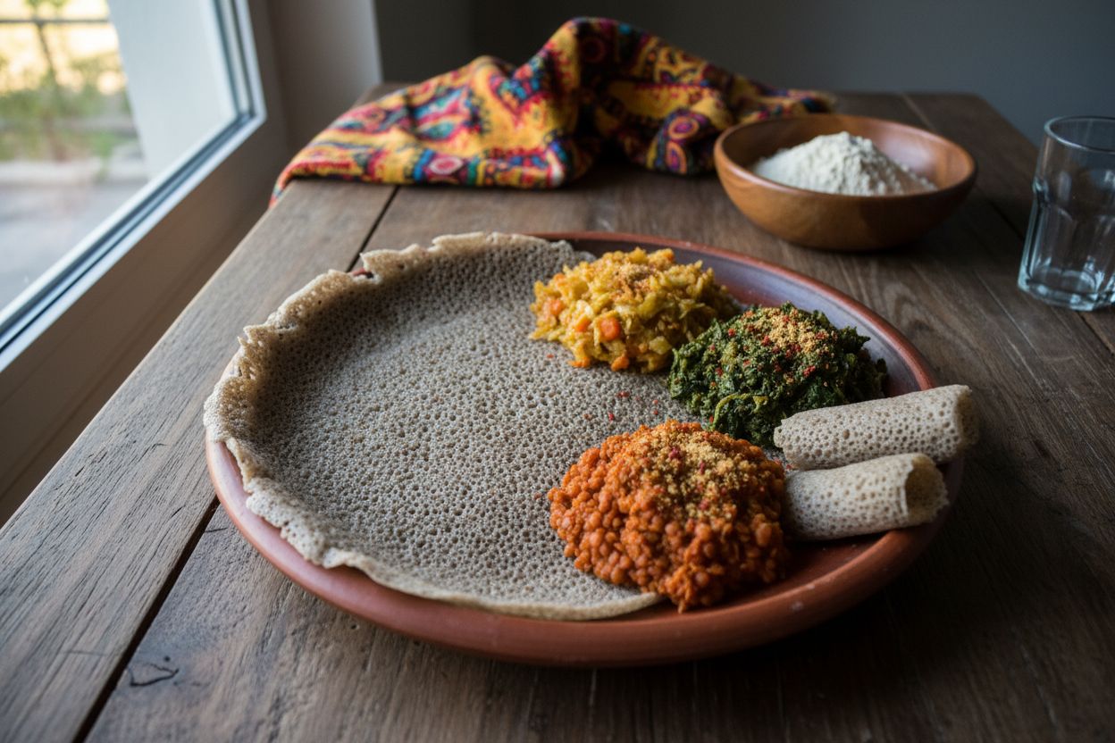 Plat éthiopien Injera avec wot végétarien terminé
