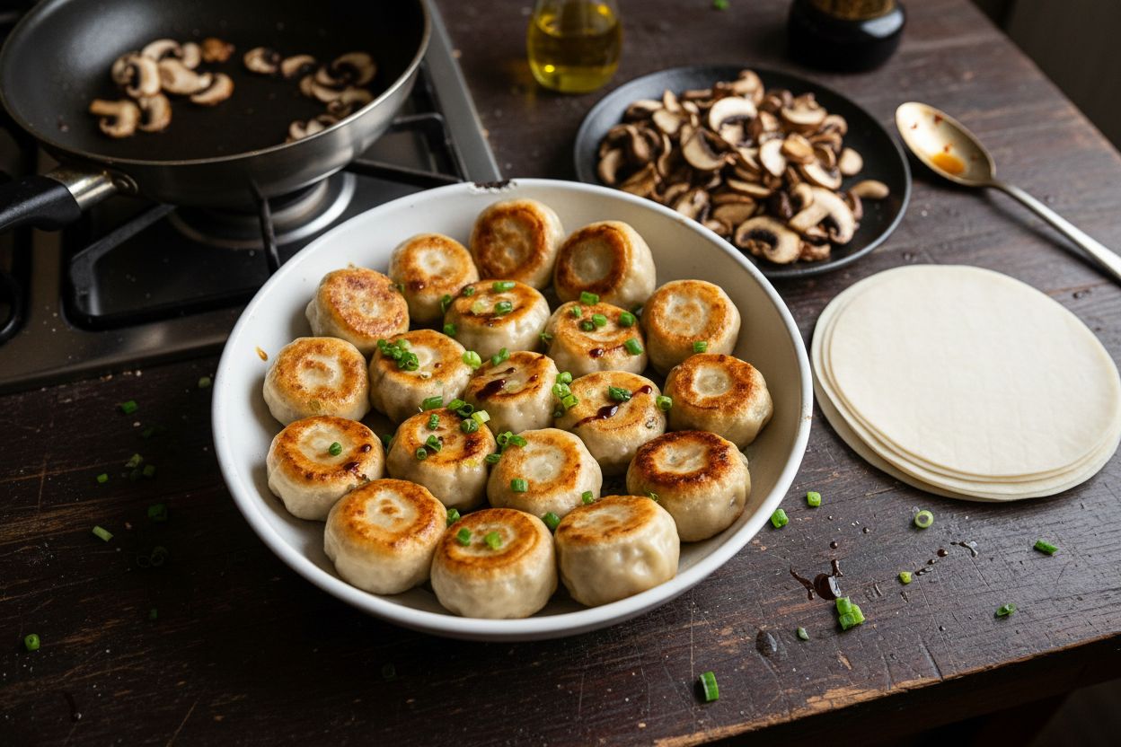 Raviolis pékinois grillés aux champignons terminé