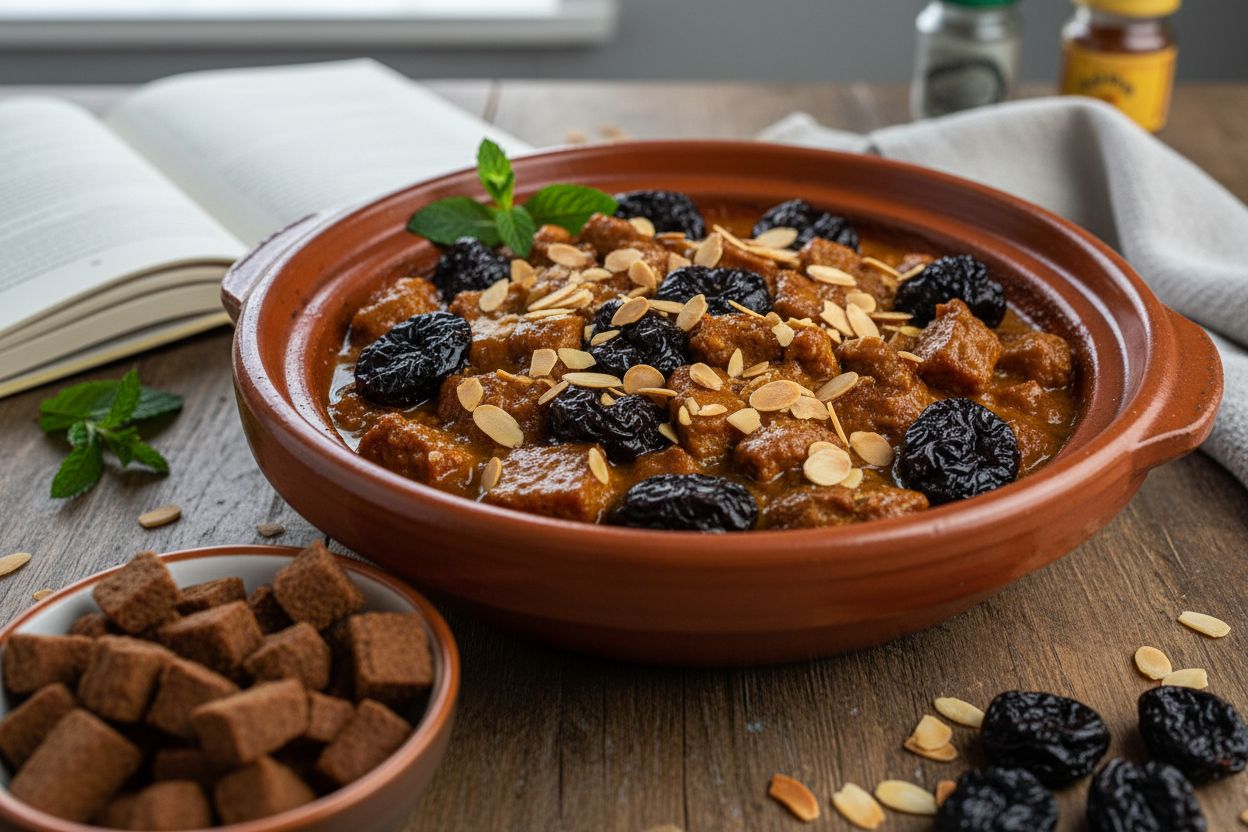 Tajine aux pruneaux amandes et protéines végétales terminé